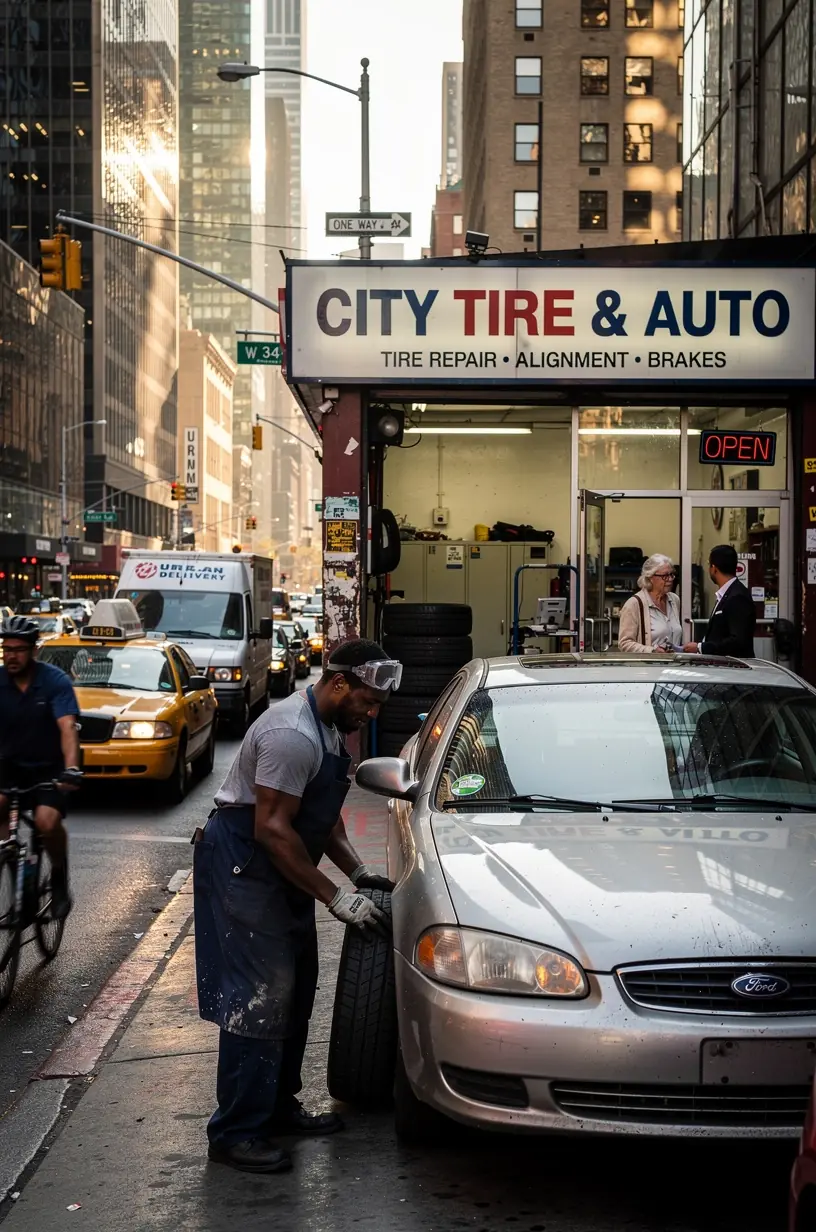 Technician using diagnostic equipment to assess suspension damage from New York’s dense traffic conditions